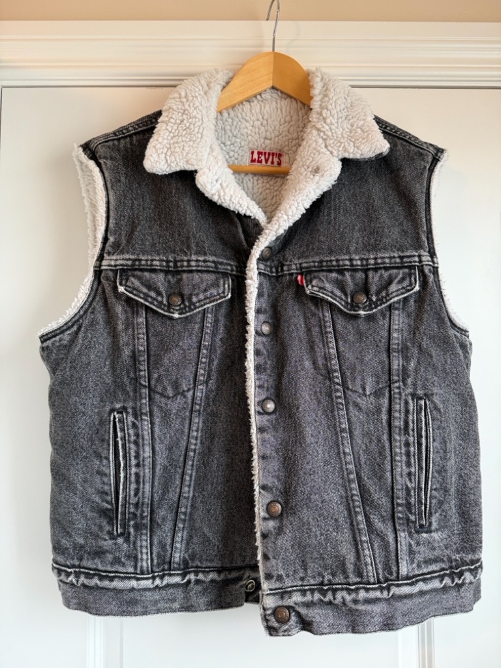 Levi's Black and White Sherpa Lined Vest with Red Logo Tag